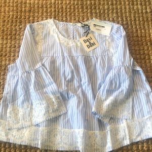Davi & Dani “Gracie Lacey” blue ticking stripe smock top with lace